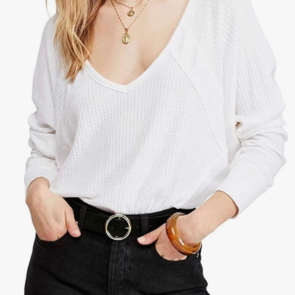 We The Free Women's Santa Clara Thermal V-Neck Slouchy White Knit Pullover Sweat
